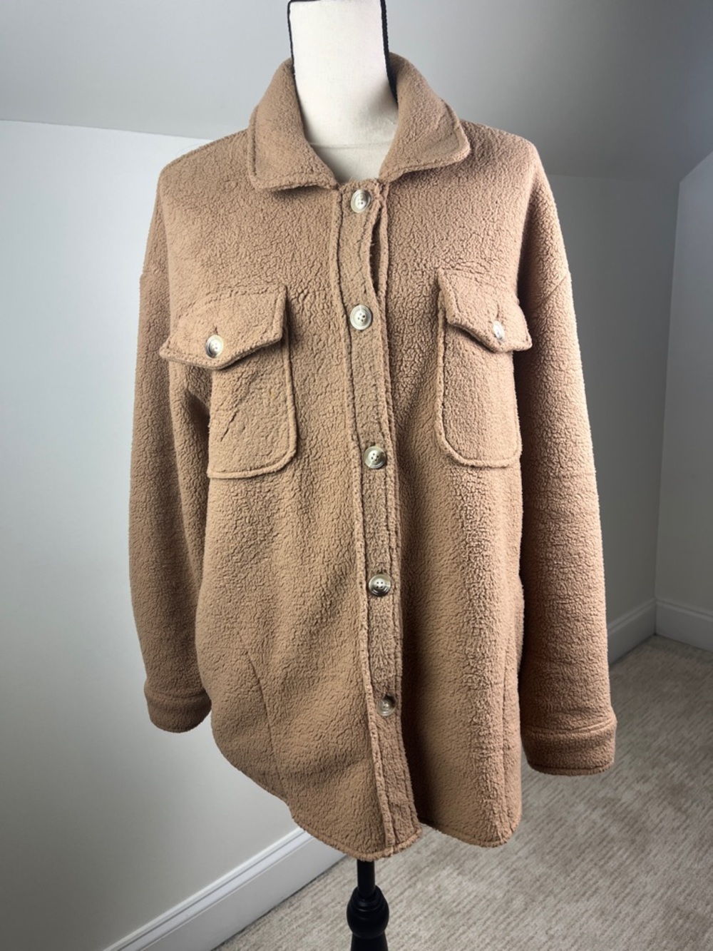 TeCrew Teddy Sherpa Shacket Jacket Camel Button Front Oversized Size M